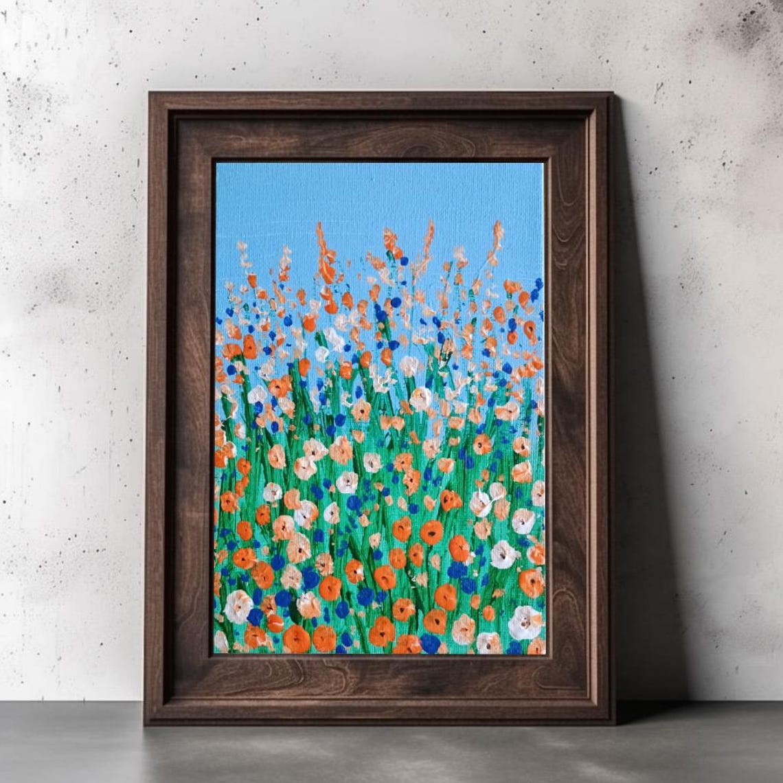 Orange Wildflowers Field Impasto Painting Under Bright Blue Sky Poster - Image 2