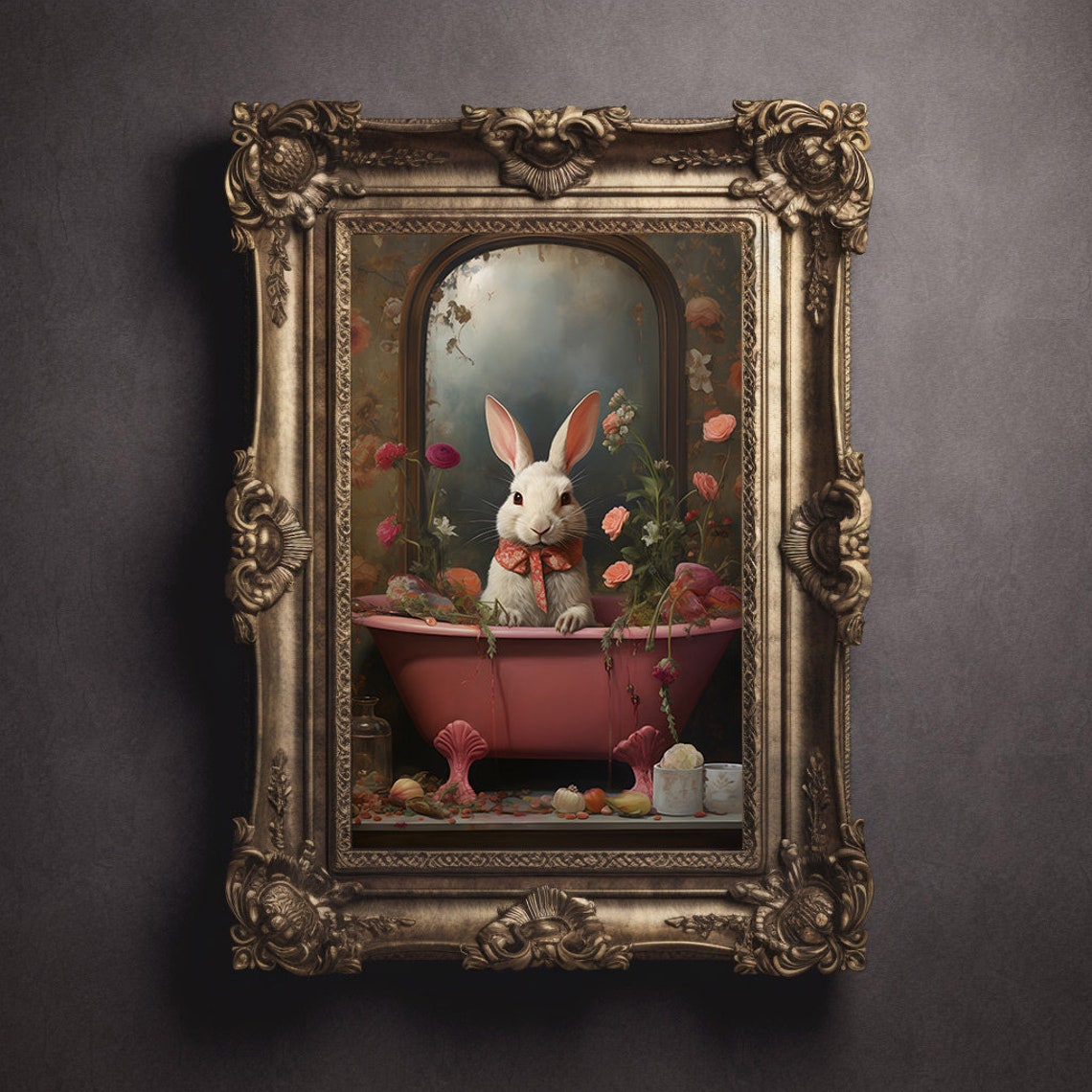 Quirky White Rabbit In Pink Clawfoot Bathtub With Roses Poster - Image 3