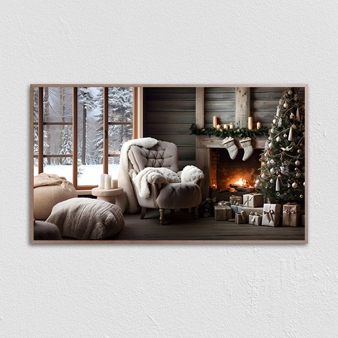 Rustic Christmas Cabin Interior With Fireplace And Stockings Poster