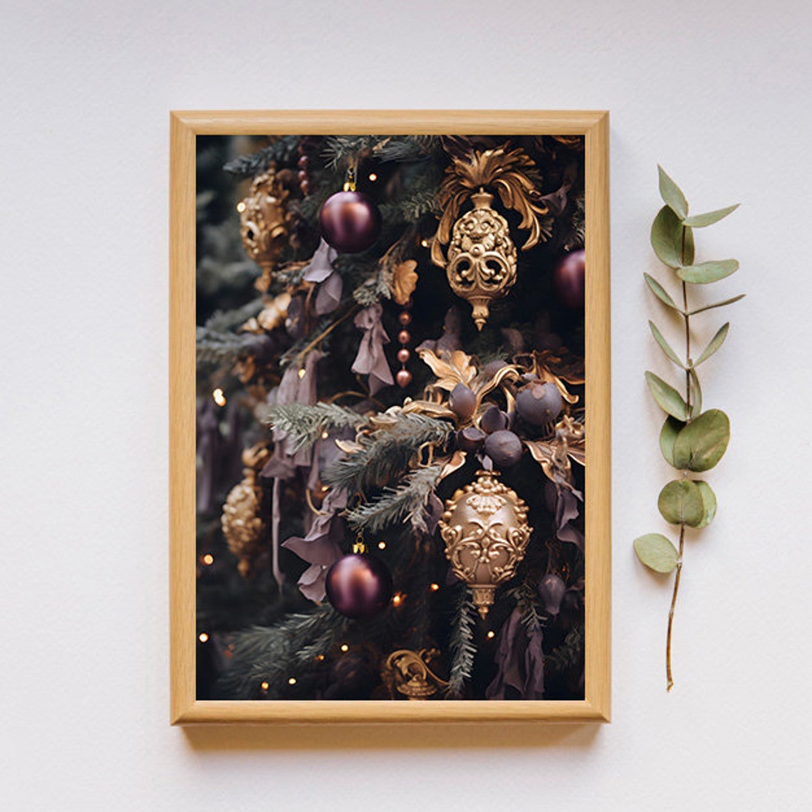 Luxurious Dark Christmas Tree With Purple Gold Ornaments Poster - Image 2