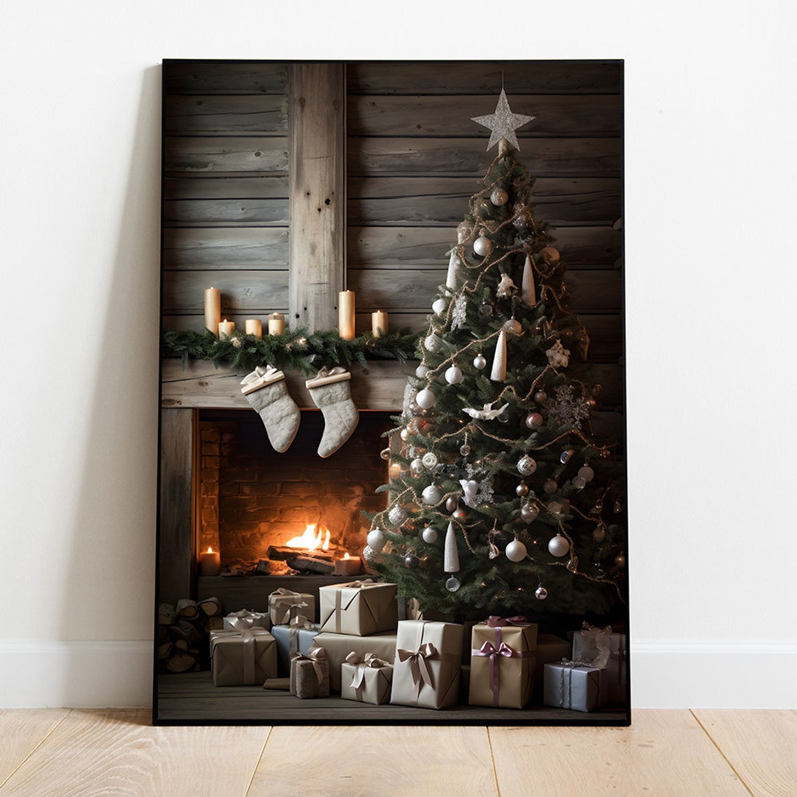 Cozy Cabin Christmas Fireplace Scene With Tree And Gifts Poster