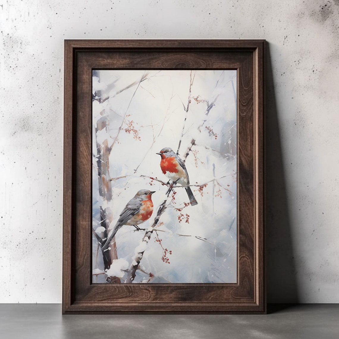 Two Robins On Snow Covered Branches Winter Watercolor Poster - Image 2