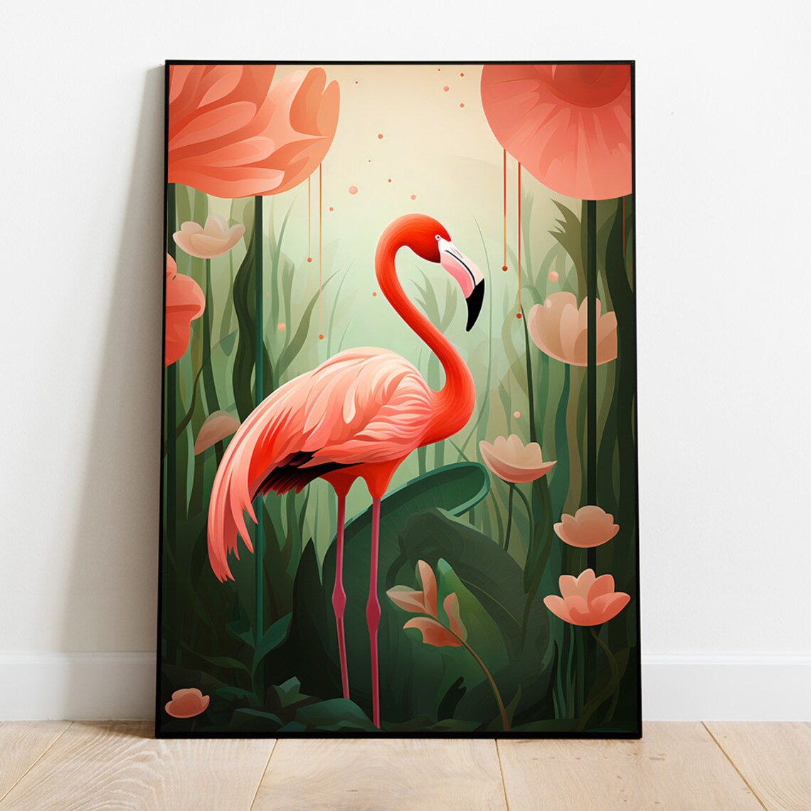 Pink Flamingo in Tropical Flower Garden Botanical Illustration Poster