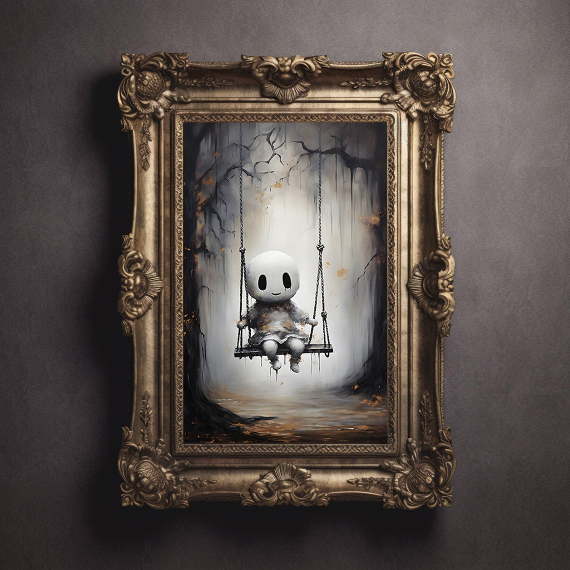 Adorable Little Ghost Sitting On A Swing In A Misty Dark Forest Poster - Image 2