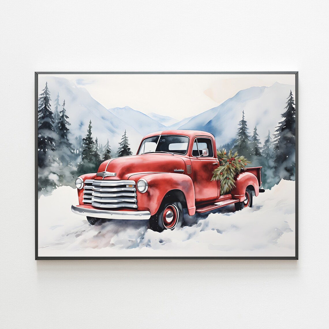 Vintage Red Chevrolet Pickup Truck In Snowy Mountains Poster