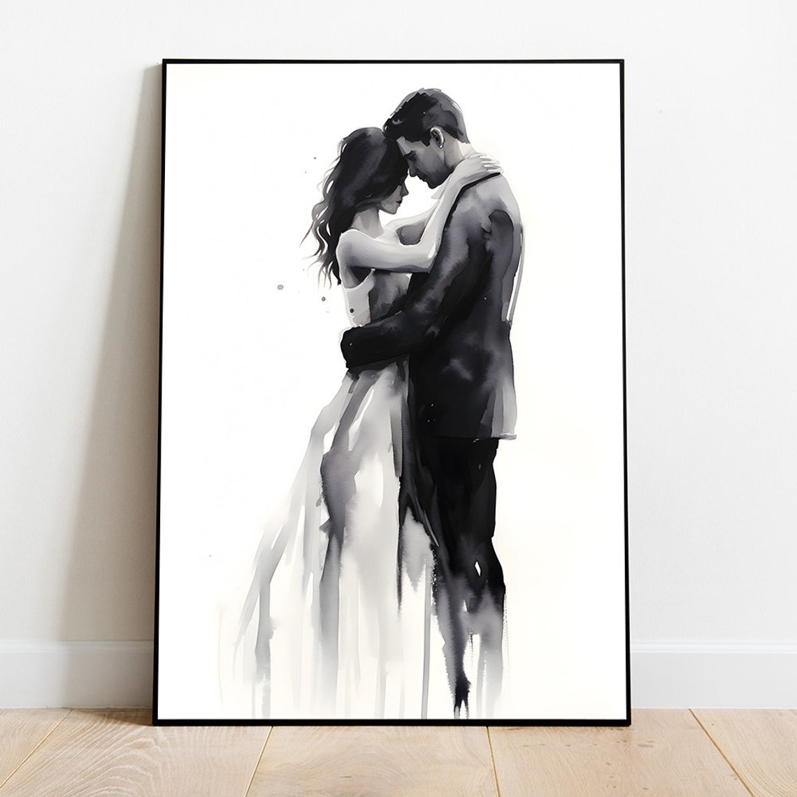 Monochrome Dancing Couple Embrace Watercolor Romantic Poster