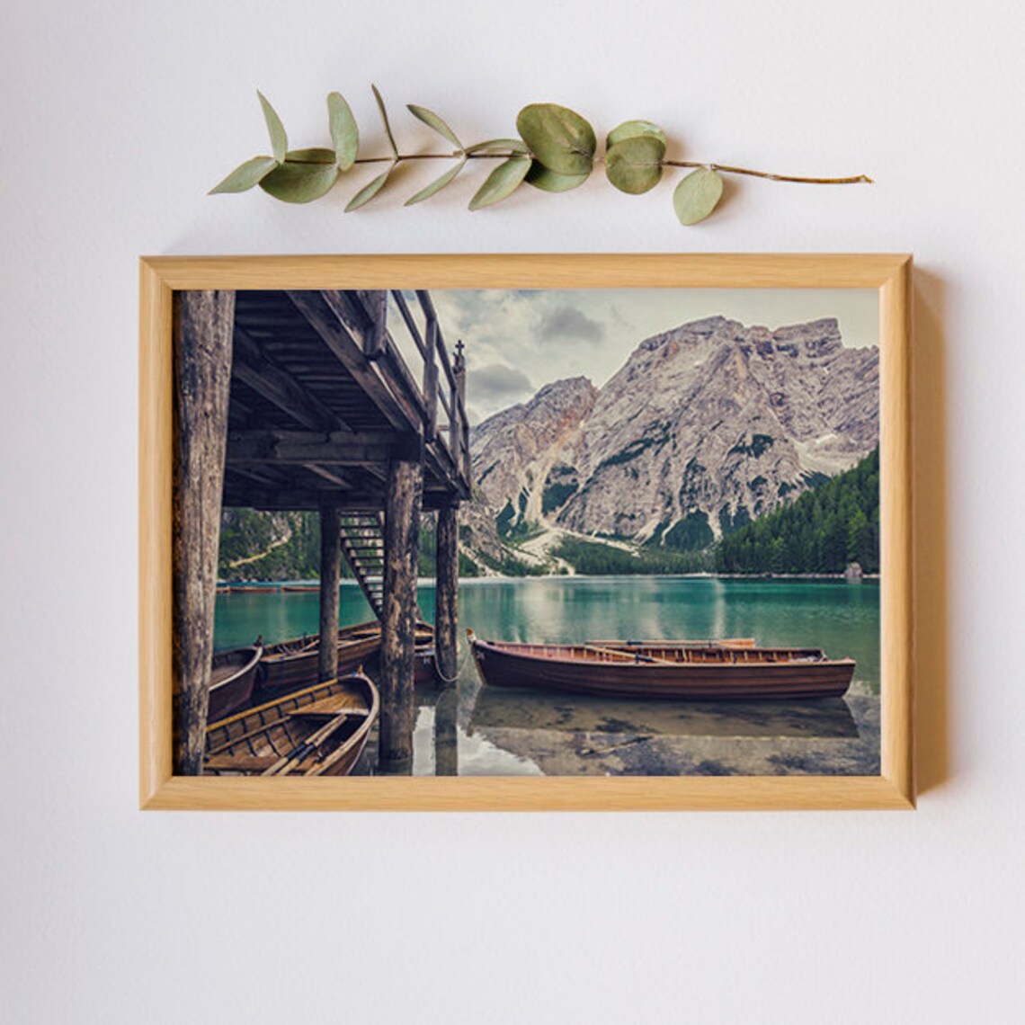 Alpine Lake Wooden Boathouse Rowboats Rocky Peaks Scenic Travel Poster - Image 2