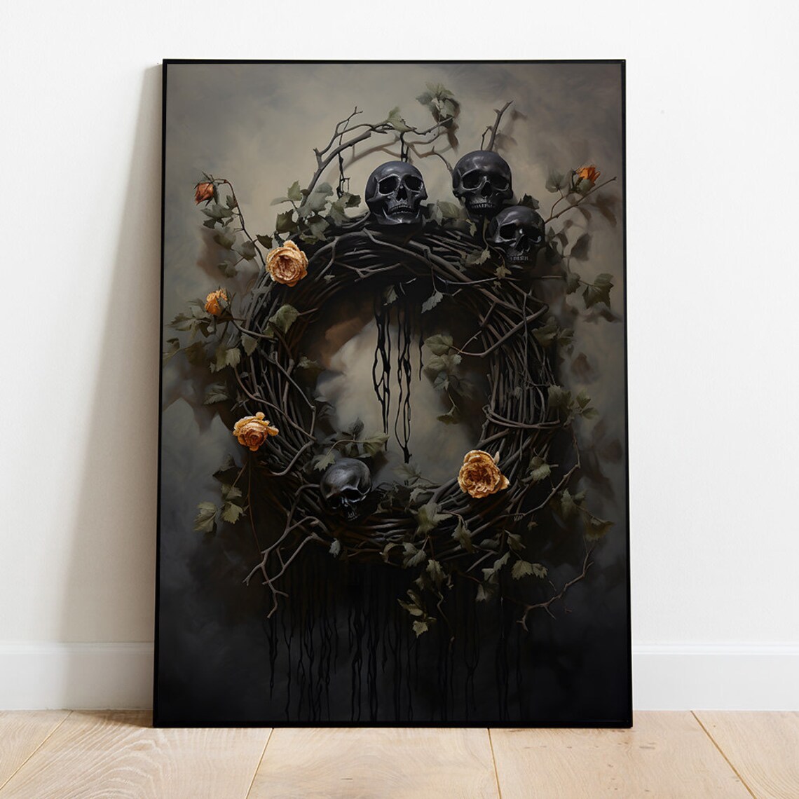 Gothic Skull Wreath With Roses Dark Halloween Floral Art Poster