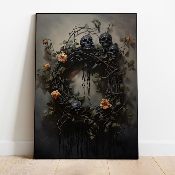 Gothic Wreath Painting Halloween Wreath Print Witchy Wall Art Moody Halloween Art Dark Academia Print