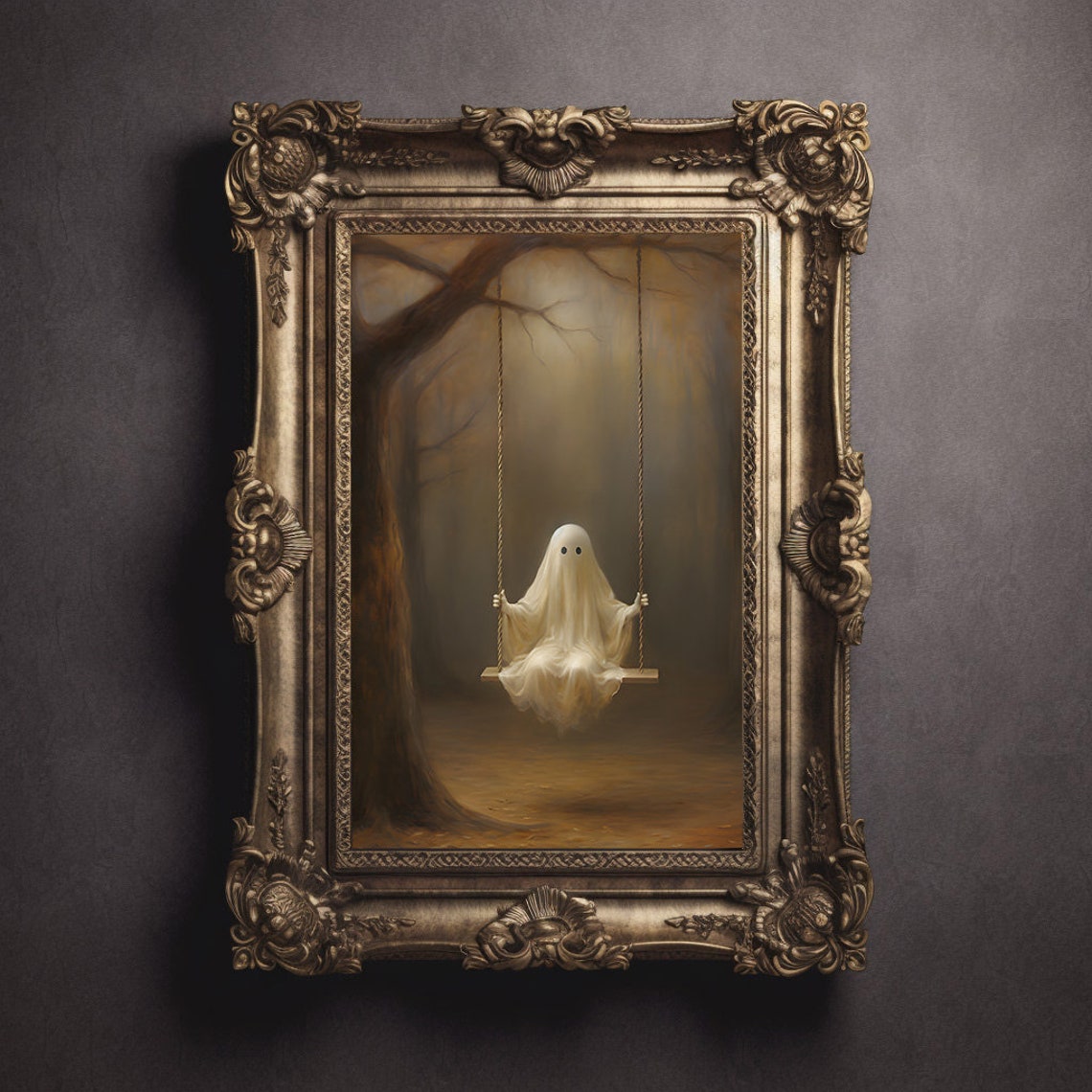 Cute Ghost On Swing Autumn Forest Whimsical Halloween Poster - Image 2