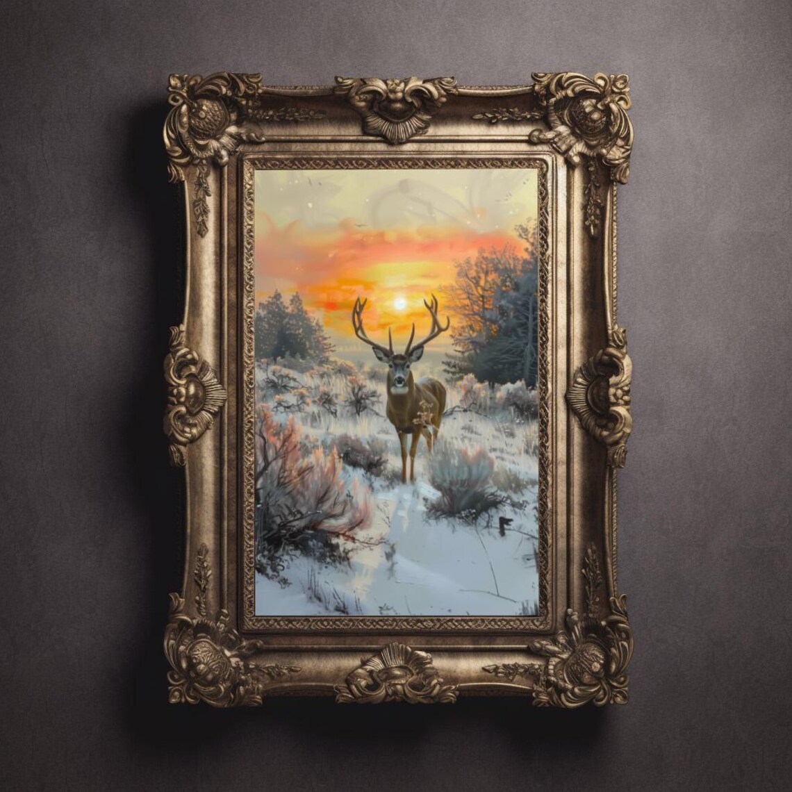 Stag Buck Deer In Snowy Field At Fiery Sunset Wildlife Poster - Image 3