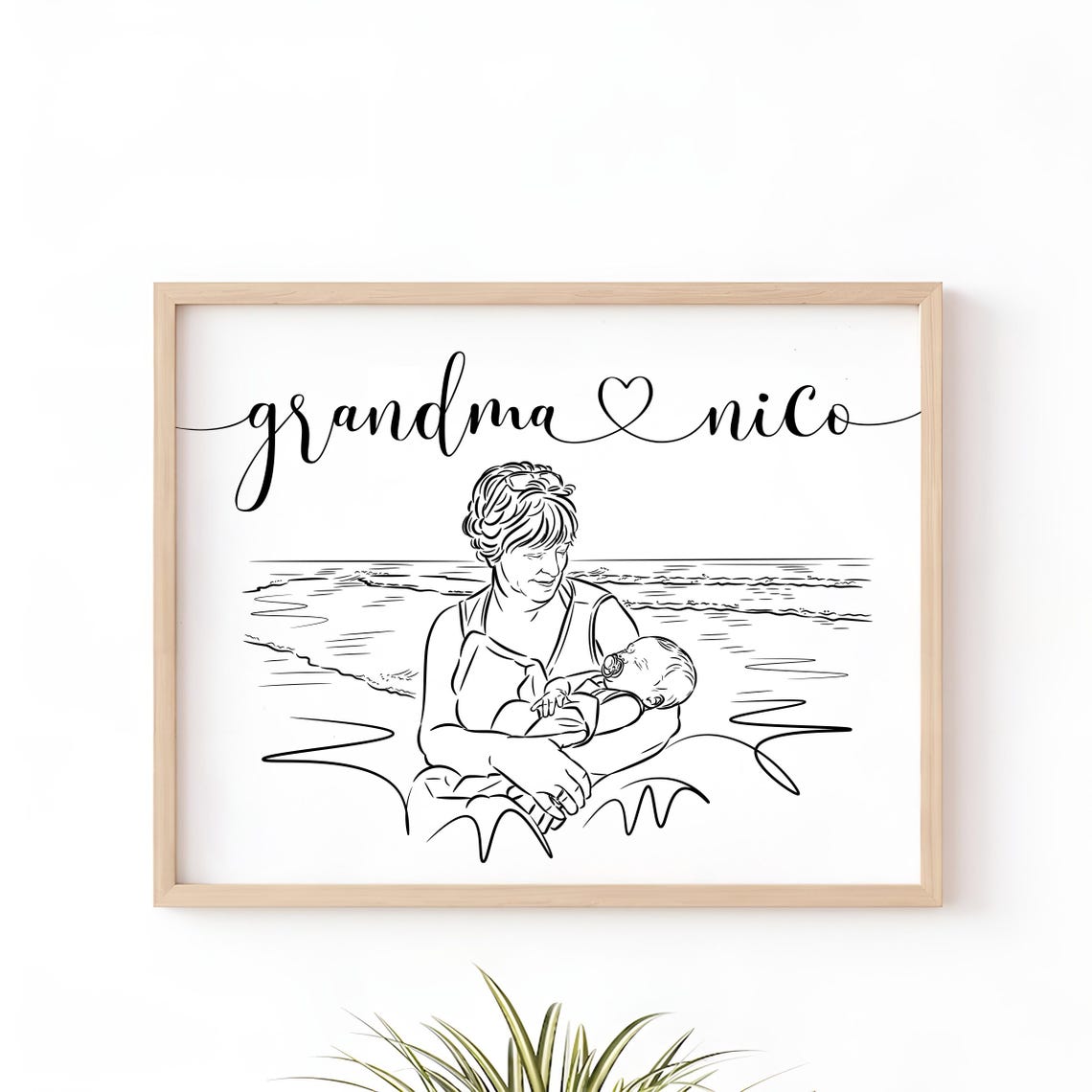 Personalized Grandma and Baby Beach Line Art Portrait Keepsake Print