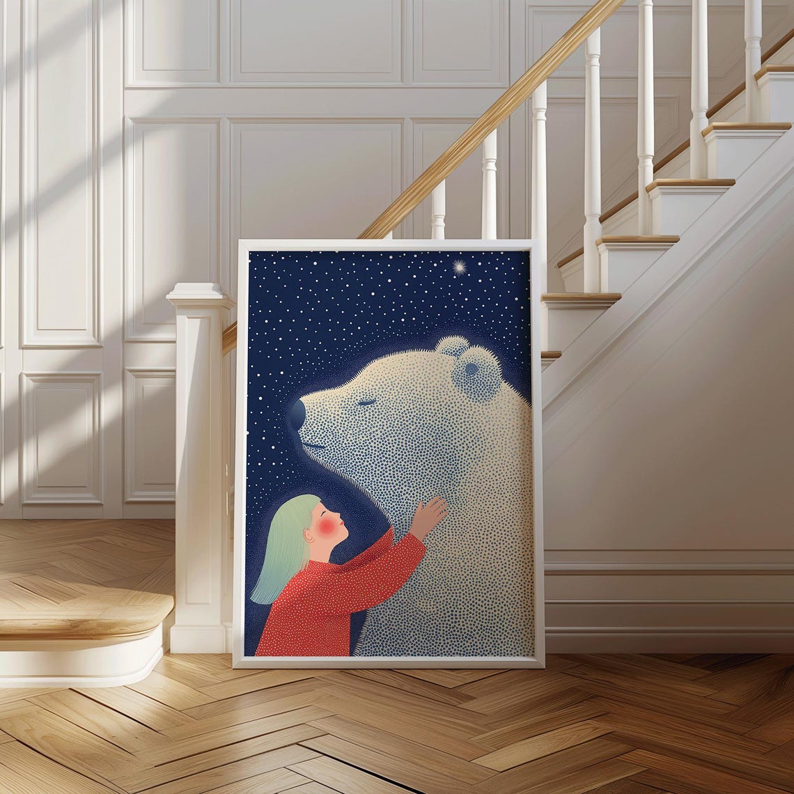 Girl and Polar Bear Under Stars Poster | Cozy Night Sky Illustration