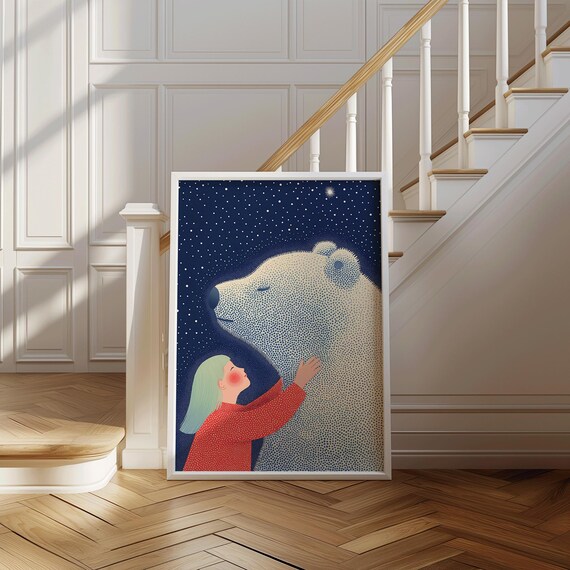 Whimsical Girl And Polar Bear Under Stars Night Sky Animal Illustration Cozy Magical Art Print For Children The Guardian Of
