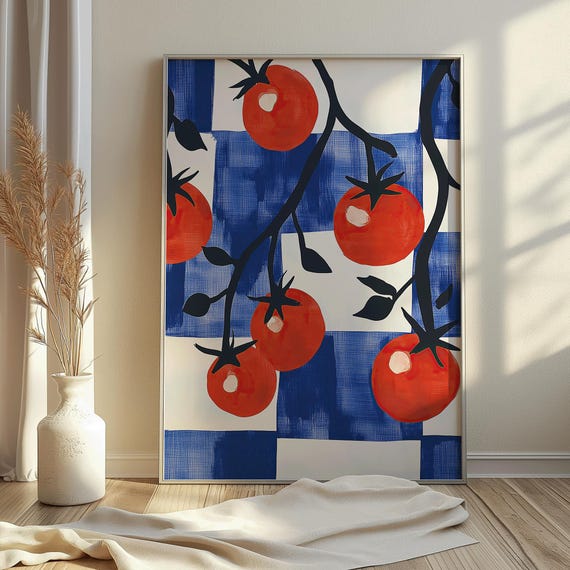 Tomato Vine Kitchen Art Print Checkered Vegetable Tango