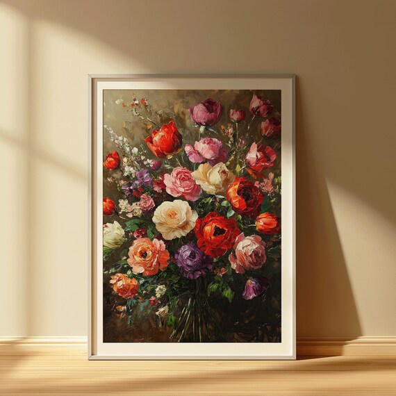 Vibrant Floral Oil Painting Print Romantic Colorful Bouquet Wall Art Lush Flower Brushstroke Poster Garden Glow