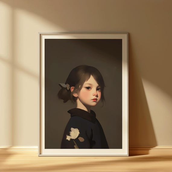 Portrait Of Thoughtful Girl Wall Art Soft Realism Painting Moody Child Artwork Pensive Illustration Isla In Thought