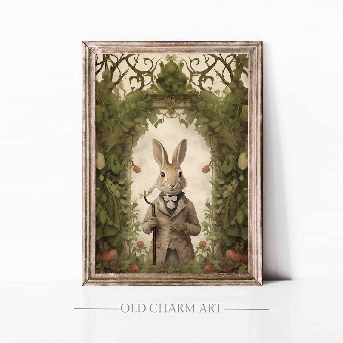 Vintage Dapper Rabbit Walking Cane Ivy Archway Garden Portrait Poster