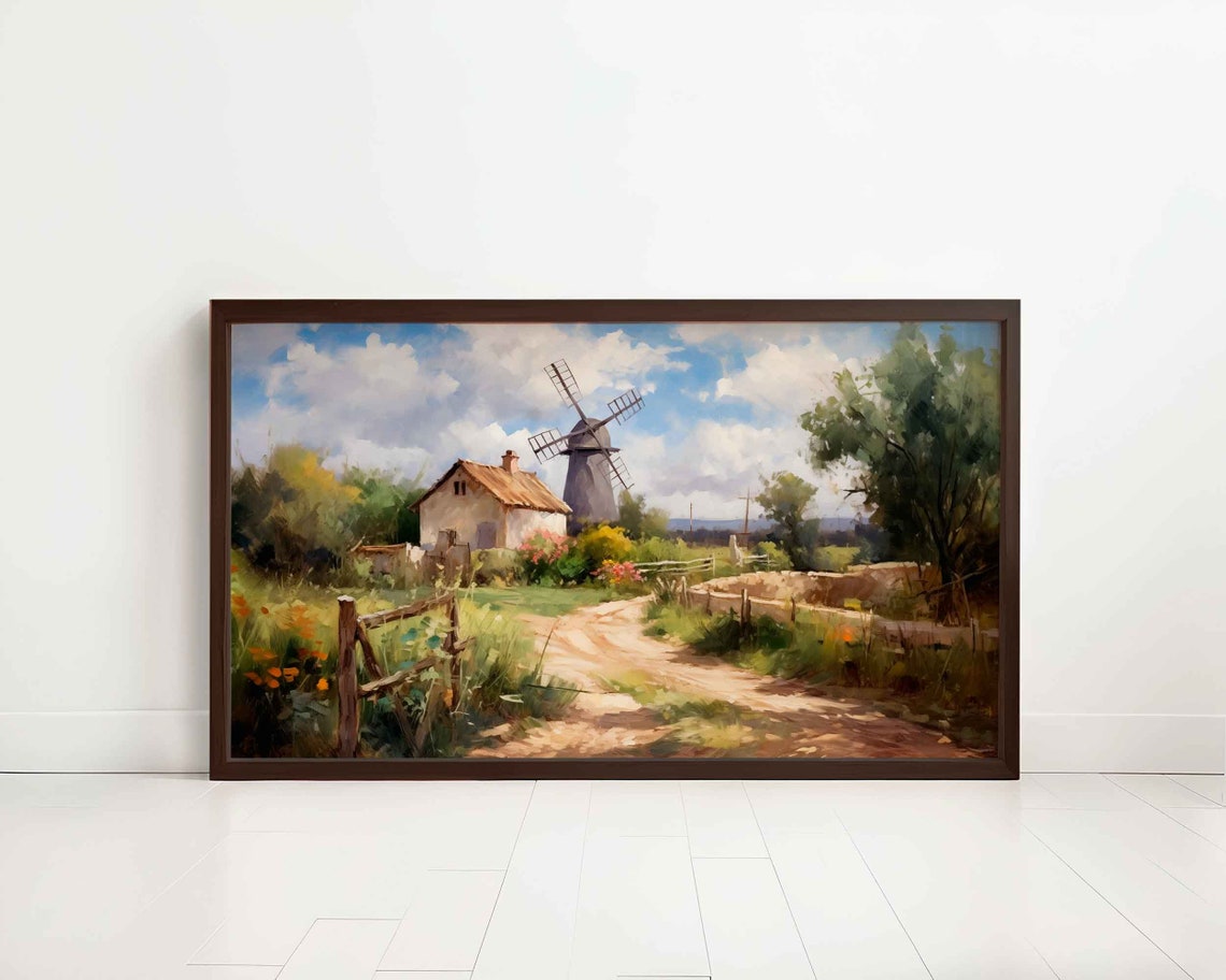 Impressionist Windmill Cottage Sunny Countryside Landscape Print