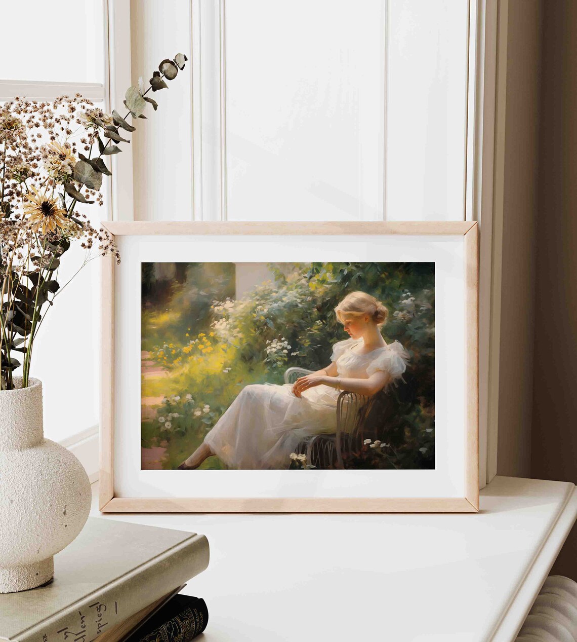 Woman in a White Dress Reclining in a Sunny Flower Garden Art Print - Image 4