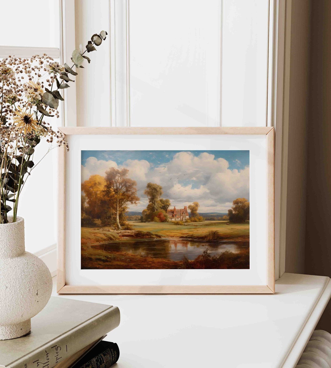 Vintage Country Manor Autumn Pond Golden Trees Landscape Poster - Image 3