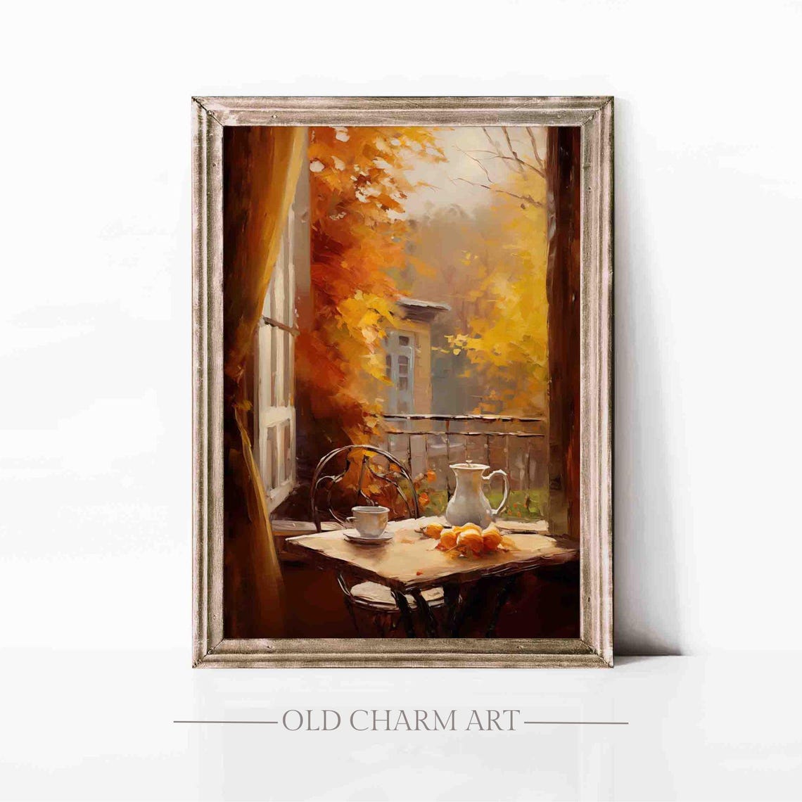 Cozy Autumn Balcony Coffee Table Orange Trees Painting Poster