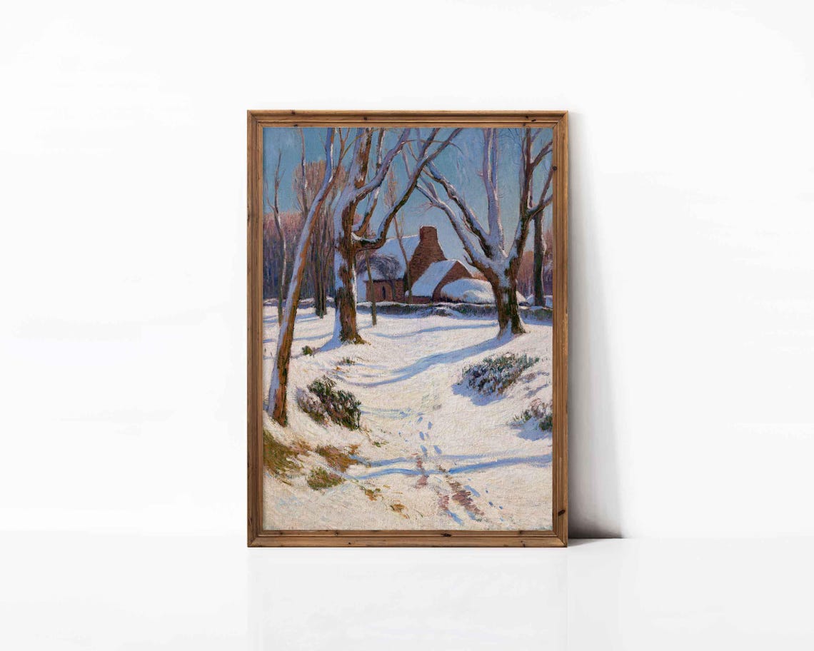 Sunny Snowy Village Bare Trees Brick House Impressionist Poster - Image 2