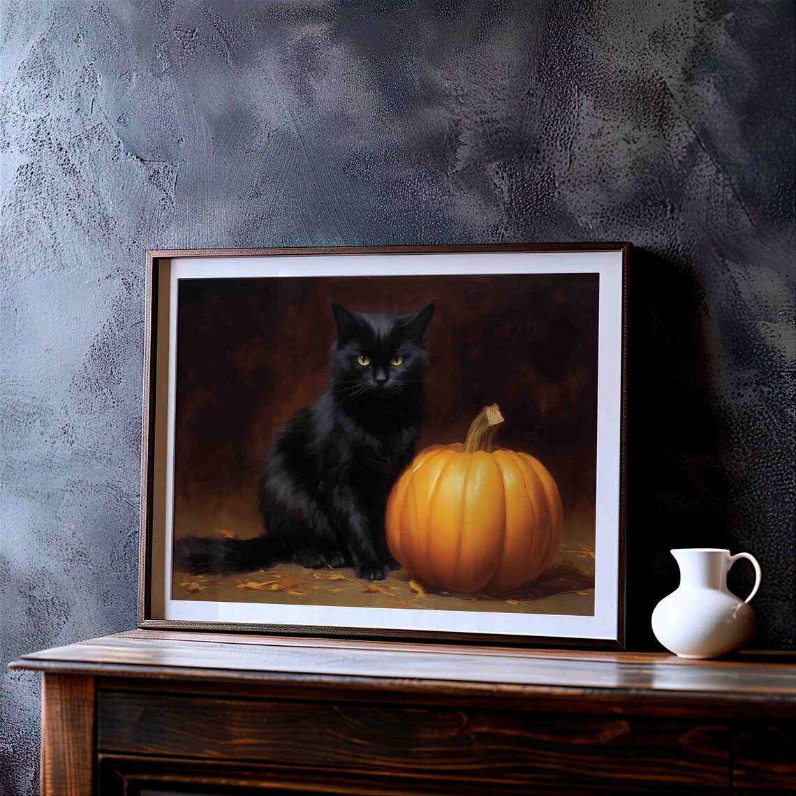 Vintage Elegant Black Cat with Pumpkin Halloween Oil Painting Poster - Image 2