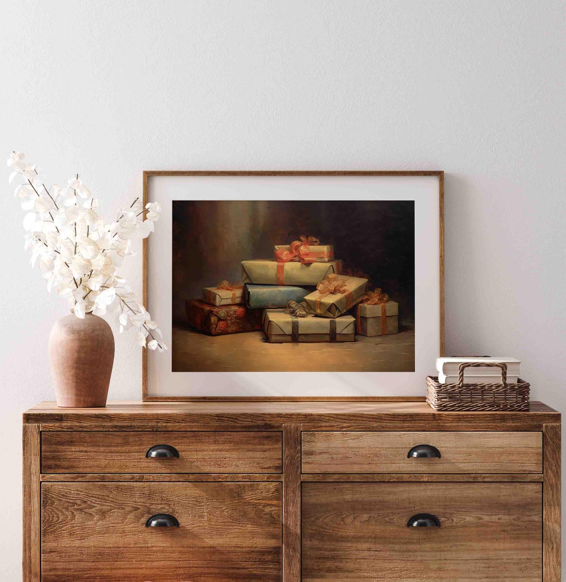 Stack Of Wrapped Christmas Gifts With Ribbons Warm Light Oil Poster - Image 2