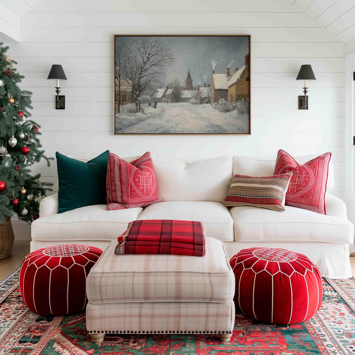 Cozy Snowy Village Church Dusk Falling Snow Holiday Painting Poster - Image 2