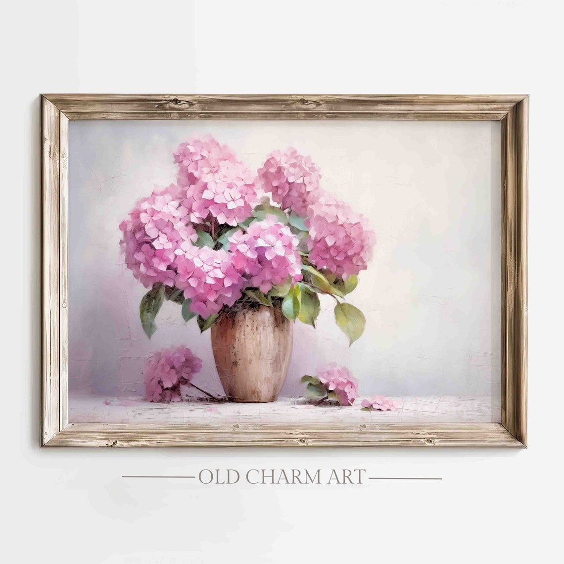 Pink Hydrangea Bouquet In Rustic Vase Soft Light Floral Oil Poster