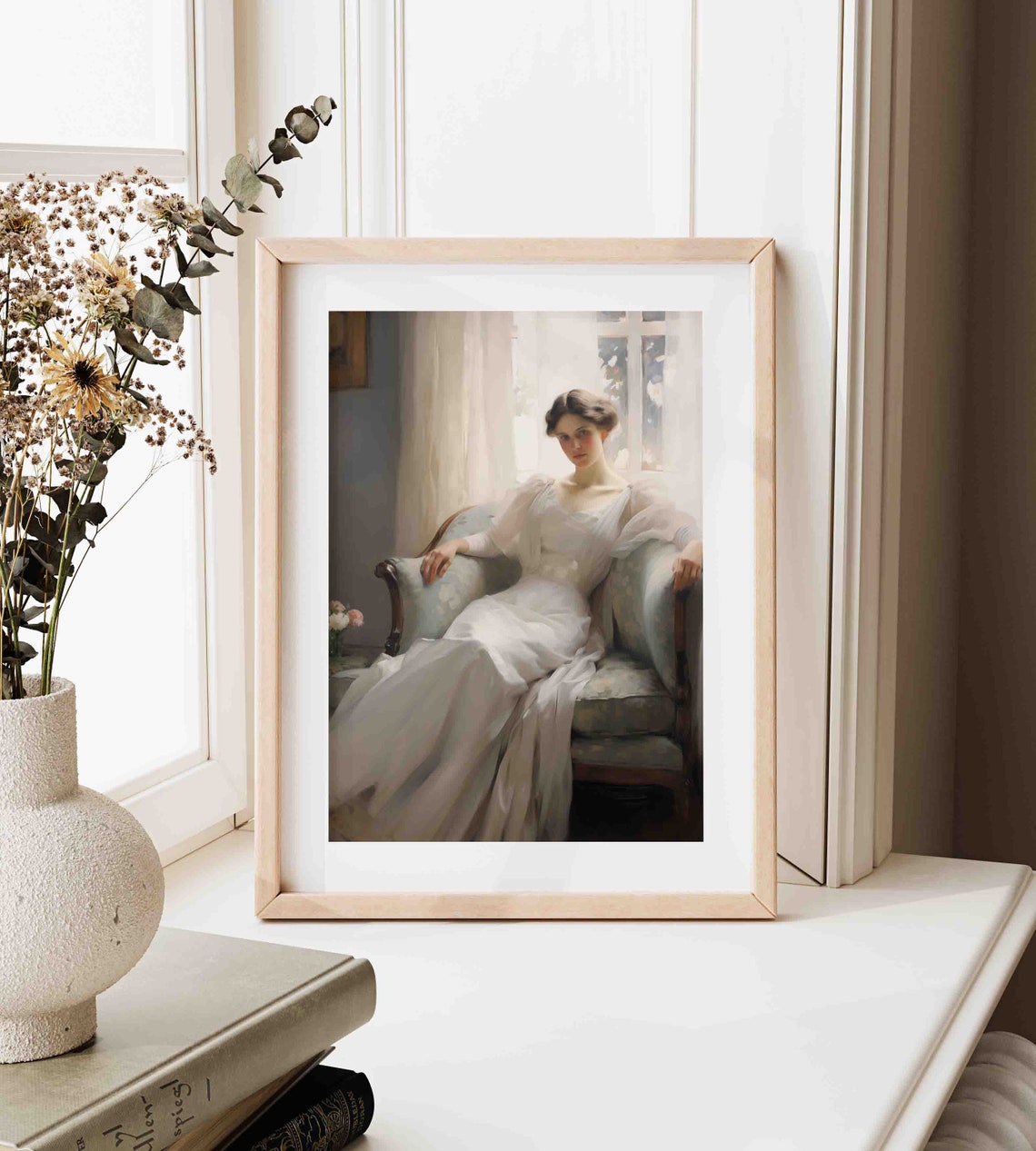 Woman in White Gown Reclining on Chaise Lounge Portrait Poster - Image 3