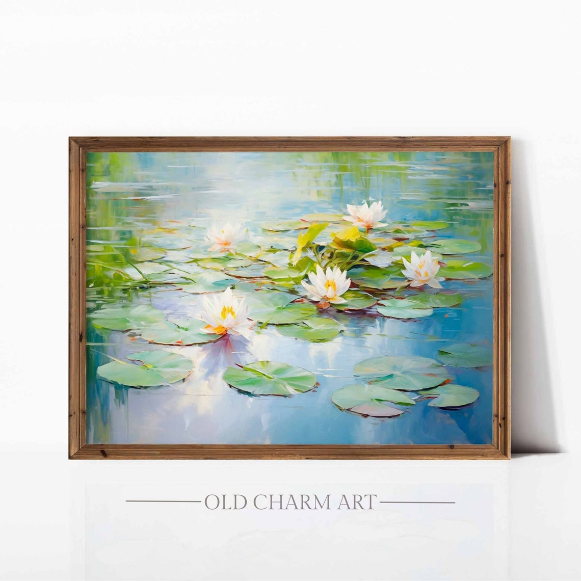 White Water Lilies On Blue Pond Lily Pads Impressionist Summer Poster