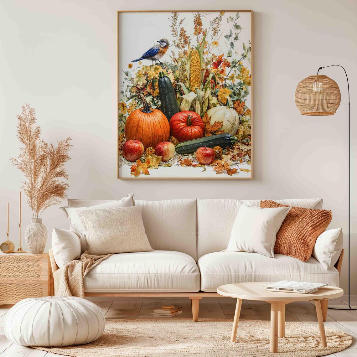Watercolor Harvest Bounty With Pumpkins Apples And A Bluebird Poster - Image 3