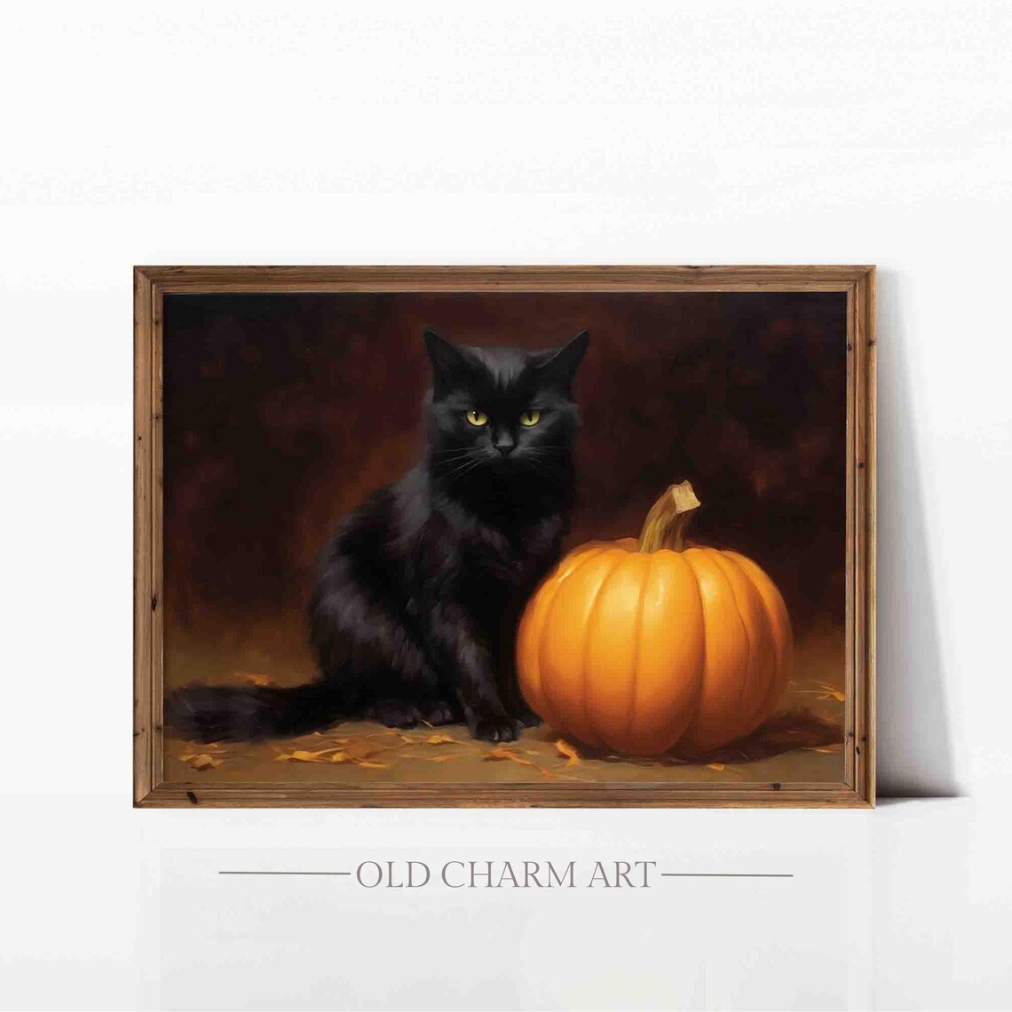 Vintage Elegant Black Cat with Pumpkin Halloween Oil Painting Poster