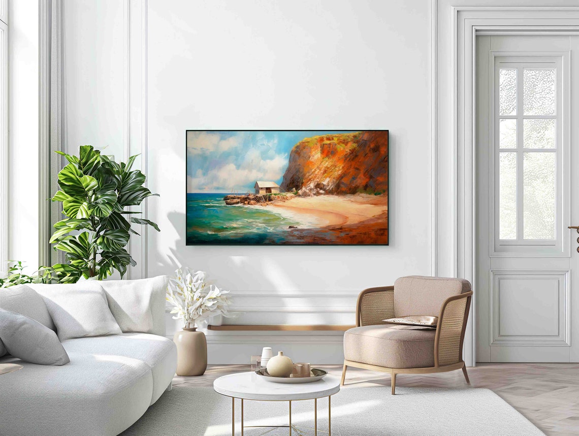 Coastal Cliff Beach Ocean Painting Digital Frame TV Art Wall Print