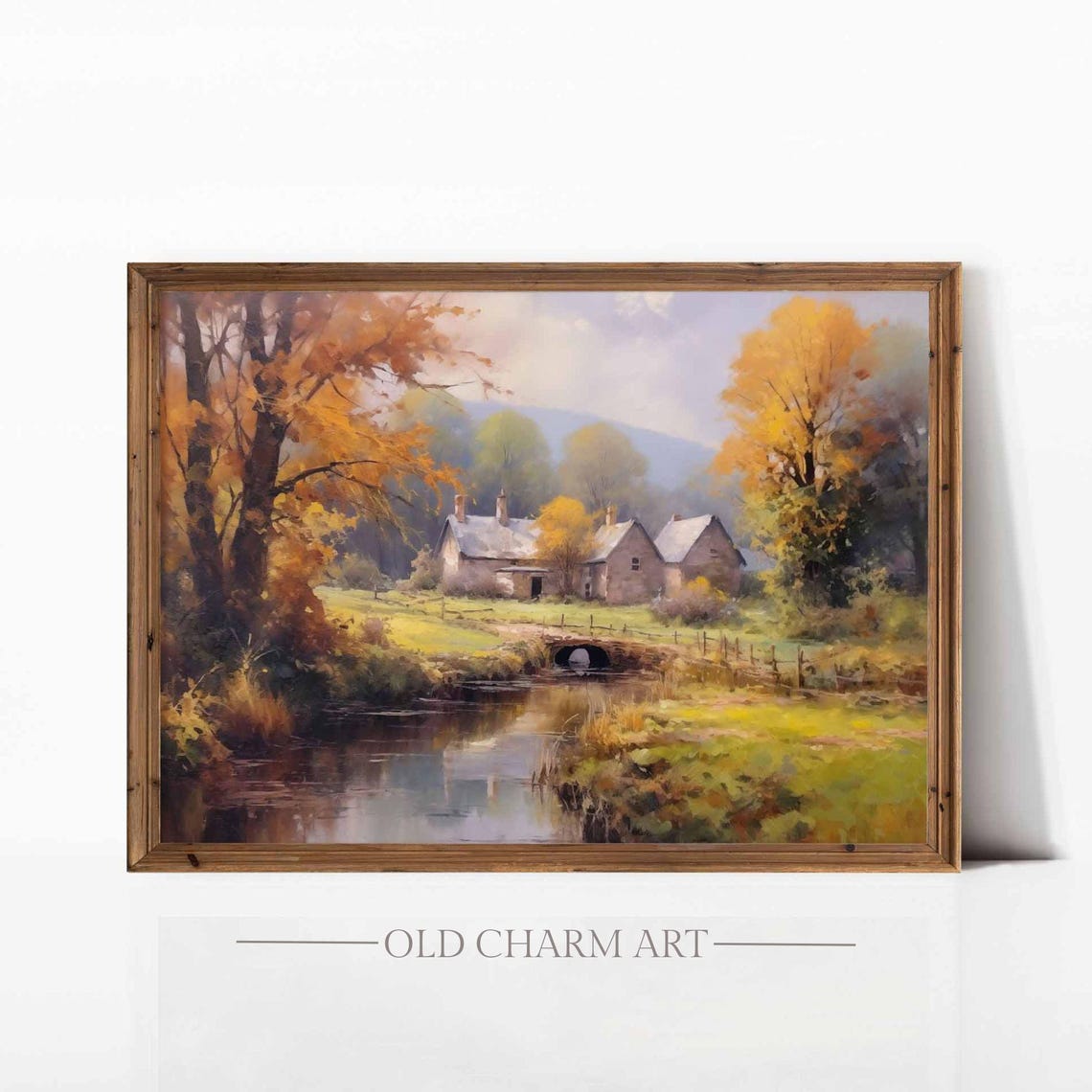 Autumn Riverside Cottage With Stone Bridge And Golden Trees Poster