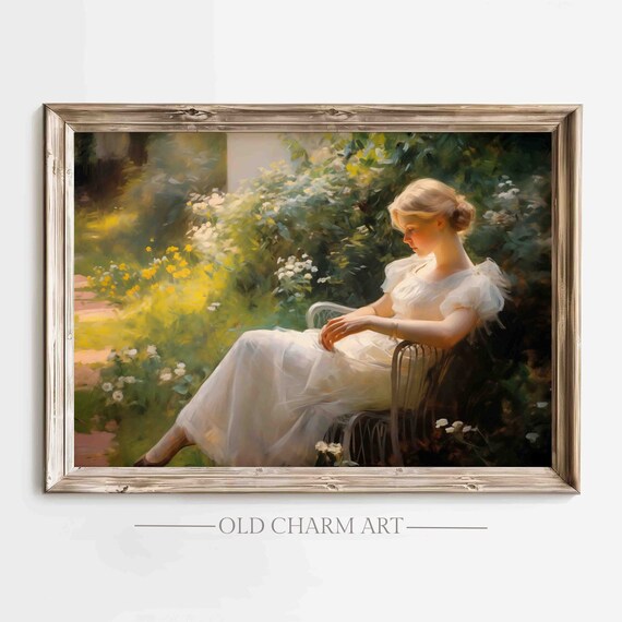Woman in a White Dress Reclining in a Sunny Flower Garden Art Print