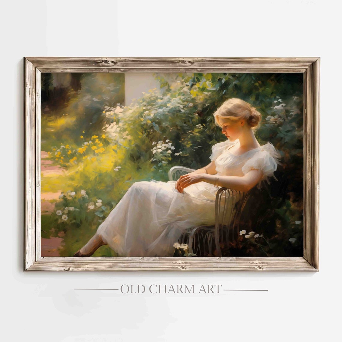 Woman in a White Dress Reclining in a Sunny Flower Garden Art Print