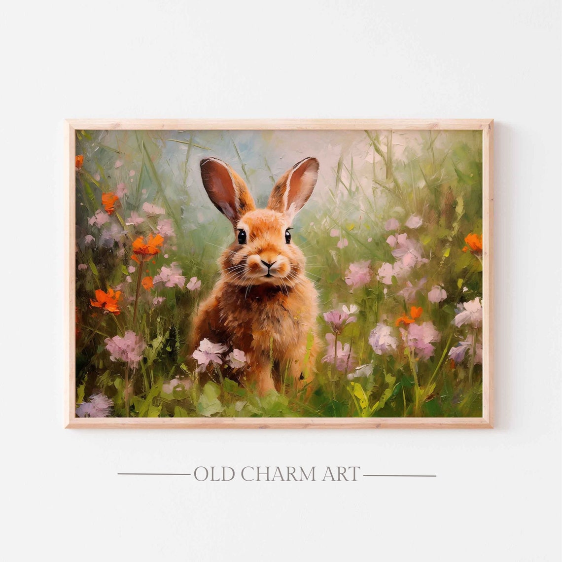 Brown Bunny In Wildflower Meadow Impressionist Easter Spring Poster