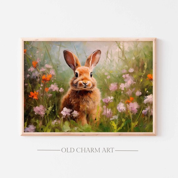 Brown Bunny In Wildflower Meadow Impressionist Easter Spring Poster