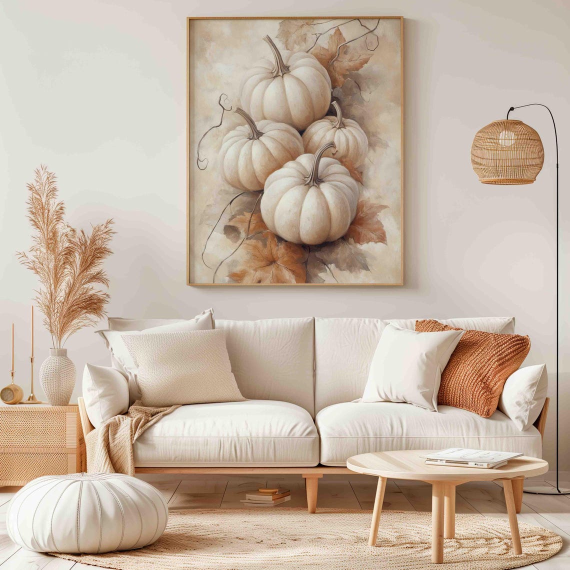 White Pumpkins With Autumn Leaves Vertical Watercolor Wall Art - Image 3