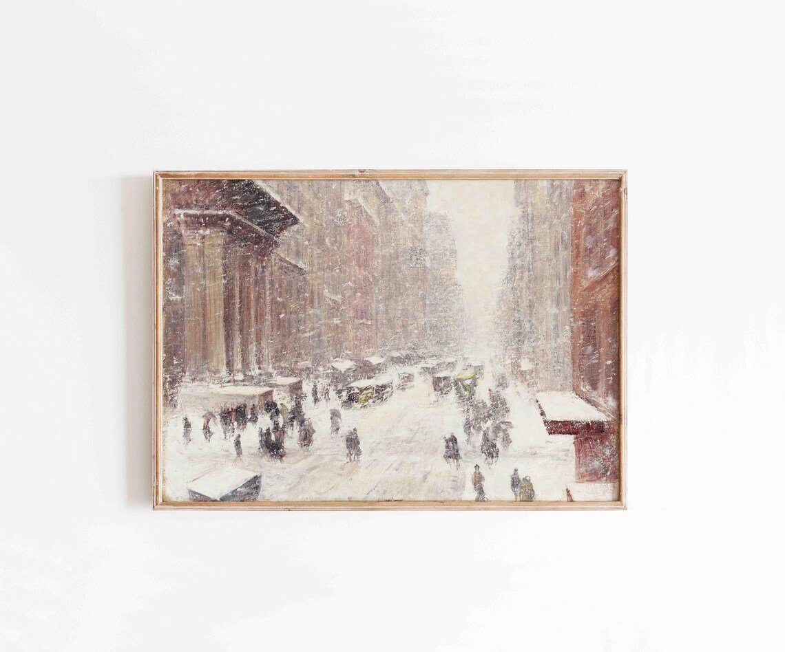 Old Winter City Snowstorm Street Crowds Vintage Painting Poster - Image 2