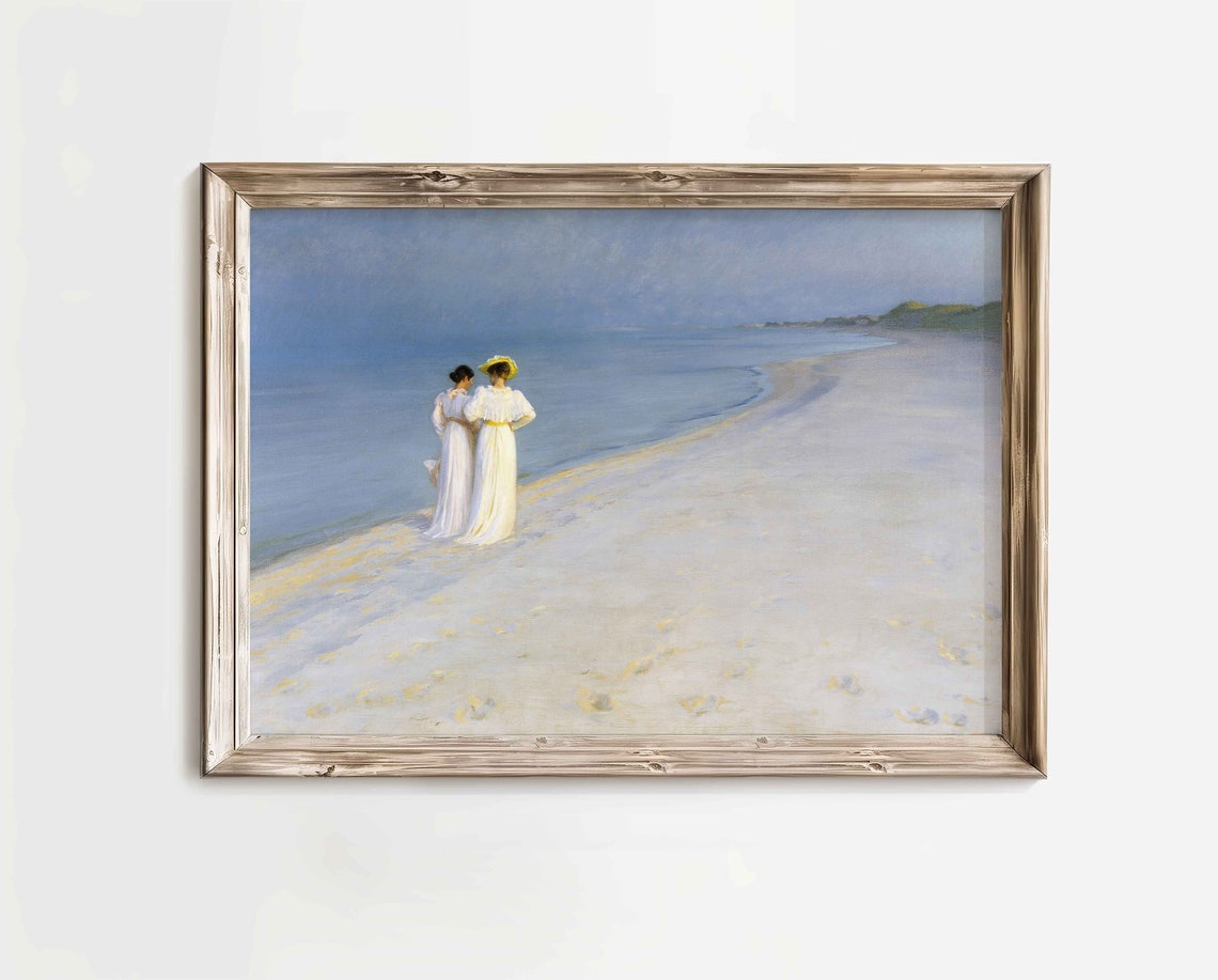 Two Ladies in White Dresses Strolling on a Sandy Beach Poster - Image 3