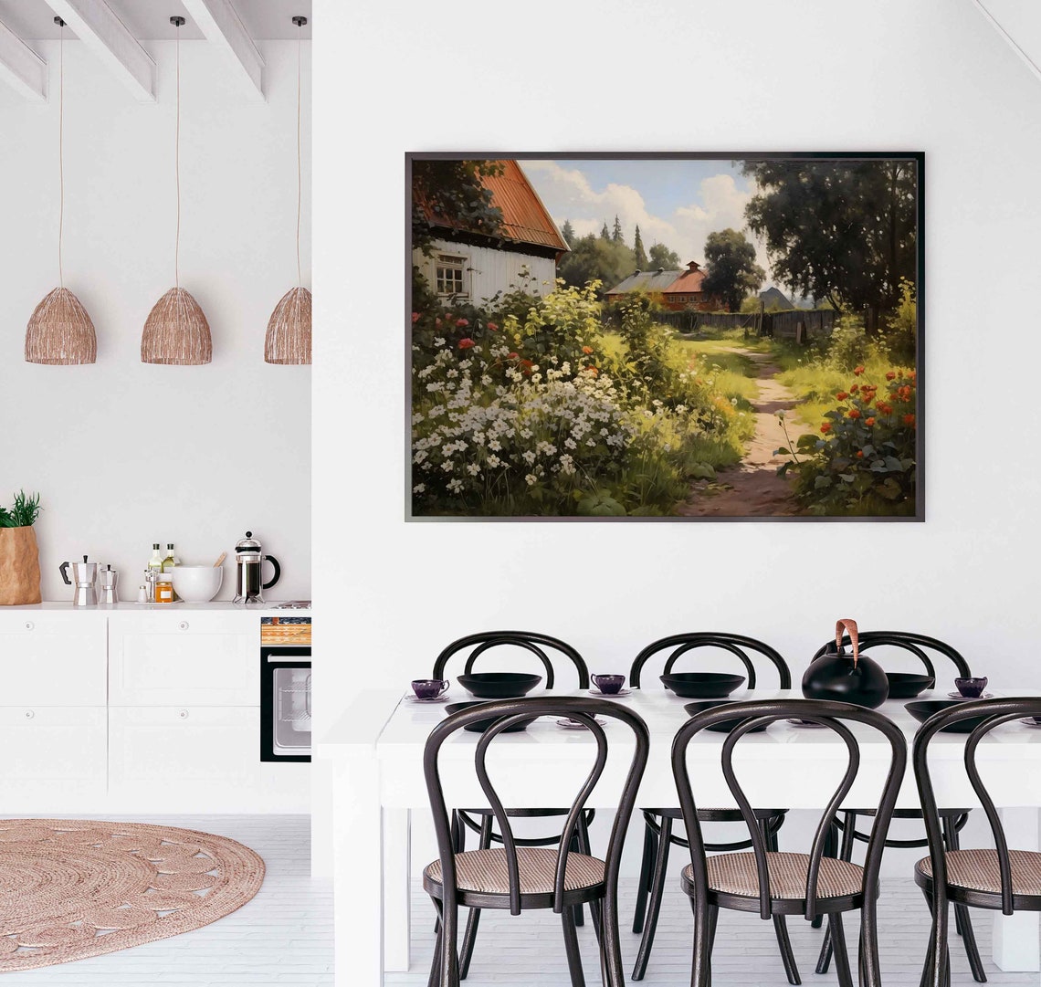 Cottage Garden With White Wildflowers and Red Barn Summer Poster - Image 3