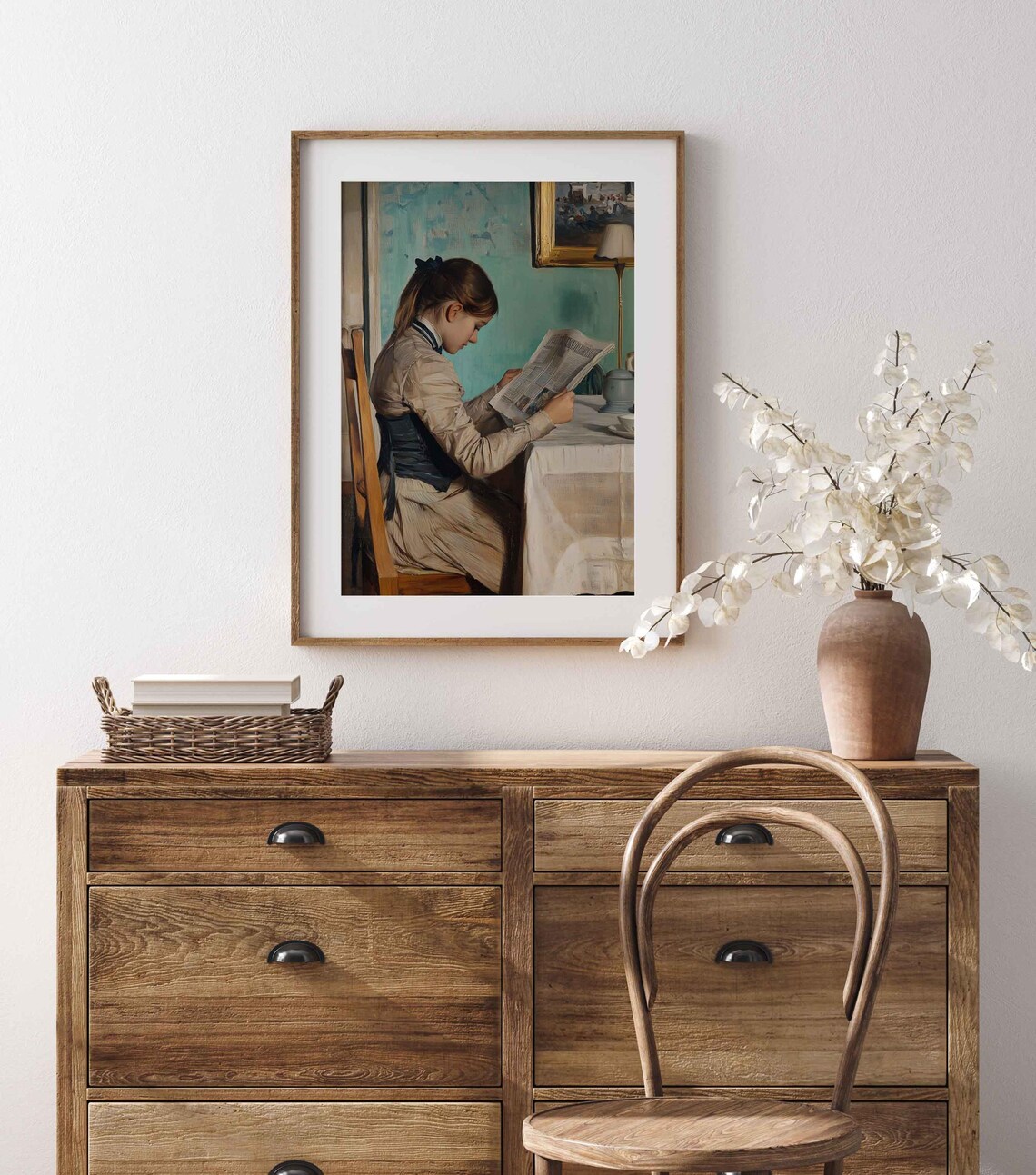 Young Woman Reading Newspaper Table Quiet Interior Vintage Genre Painting Poster - Image 4
