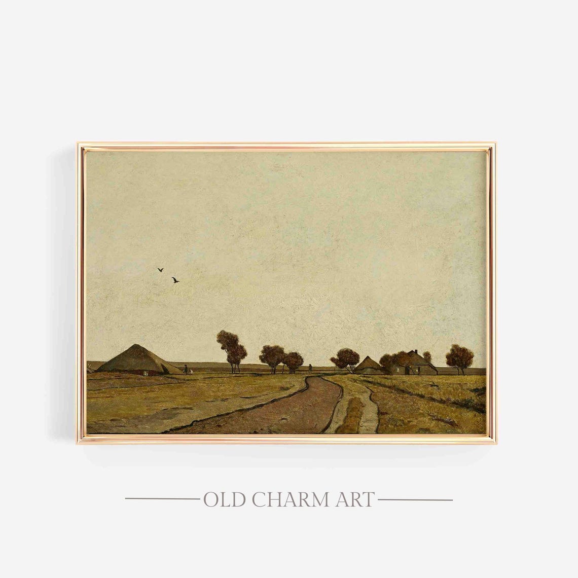 Minimalist Autumn Field With Distant Farm And Birds In Pale Sky Poster