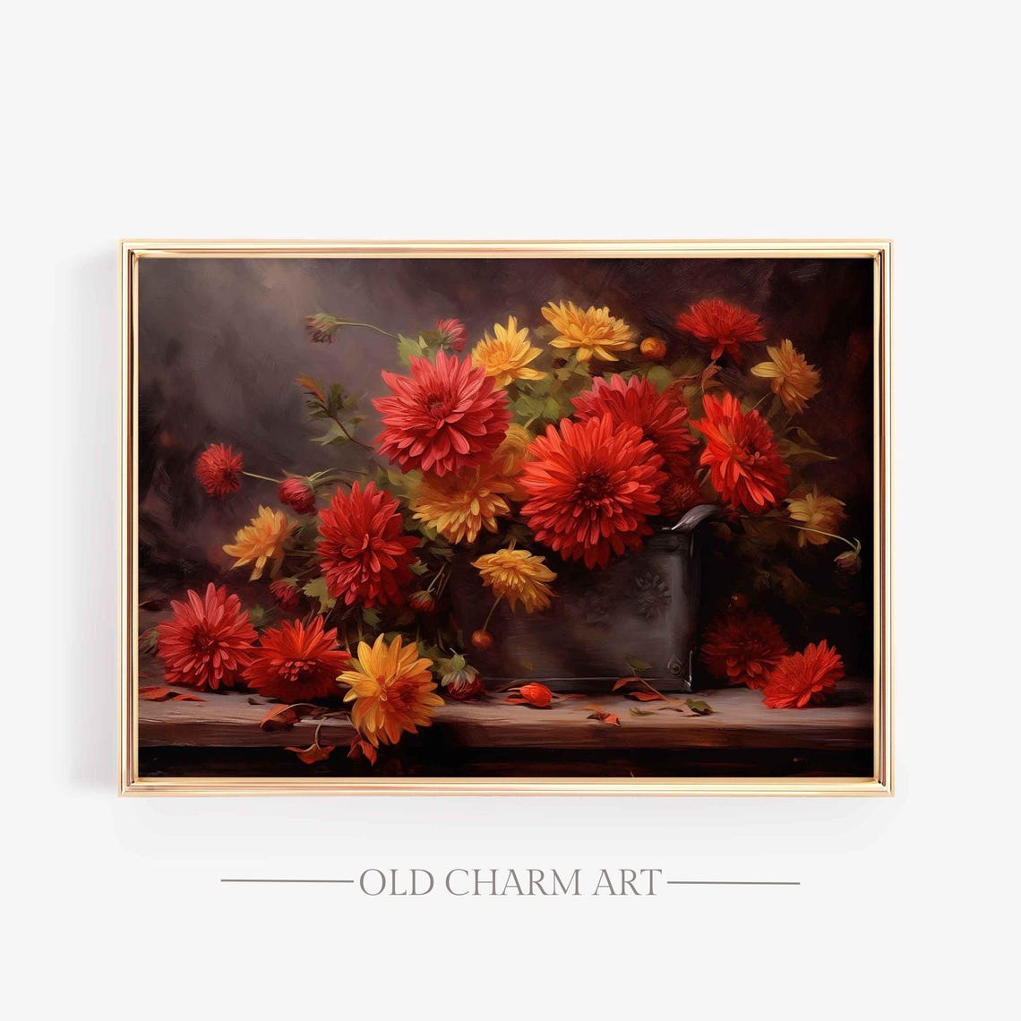 Red And Yellow Chrysanthemums In A Dark Metal Container Poster