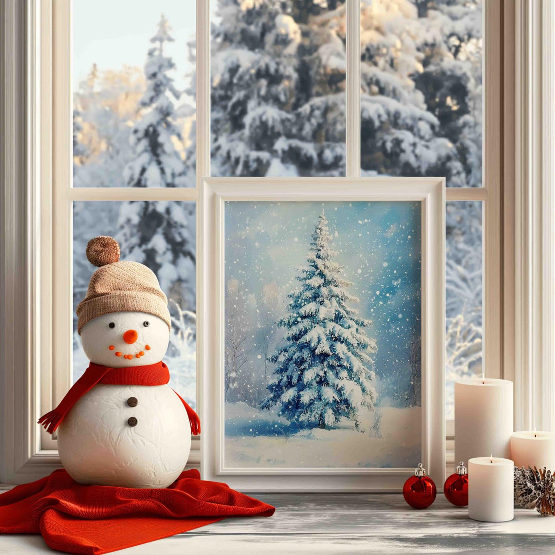 Tall Snow Covered Evergreen Tree In Blue Winter Wonderland Poster - Image 3