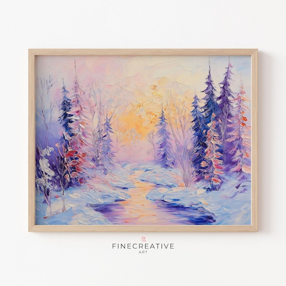 Pink Sunset Stream Winding Through Snowy Pines Landscape Poster